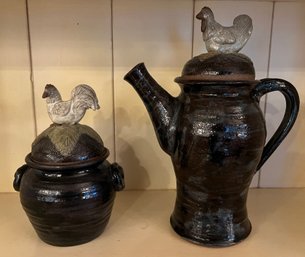 Brown Glazed Pottery Rooster Teapot With Lid And Jar With Lid - 4 Pieces