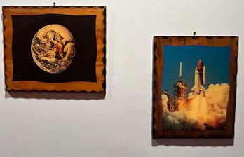 Space Shuttle Challenger Launch Photo And Planet Earth On Laminated Wood Plaques, 2 Piece Lot