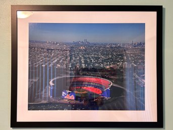 Shea Stadium With World Trade Center Twin Towers In The Background Framed Print