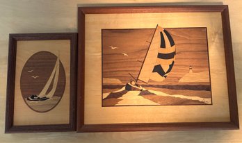 Hudson River Inlay Marquetry Challenge Cup And Sailboat Wall Art, Signed Nelson, 2 Piece Lot