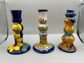 Hand Painted Ceramic Candlestick Holders Made In Mexico