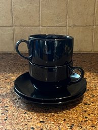 Crown Stoneware Mugs With Saucers - 4 Pieces