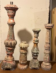 Rustic Wood Pillar Candle Stick Holders - 4 Pieces