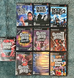 Play Station 2 Video Games, Guitar Hero, Rock Band 2, Grand Theft Auto, 10 Piece Lot