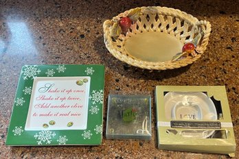 Assorted Lot Ceramic Basket, Coasters, Dishes - 4 Piece Lot