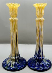 Mid Century Modern Glass Art Candlesticks, Lot Of 2