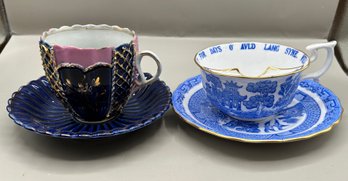 Gilded Porcelain Teacup And Saucer And Spode Copeland Blue Cup And Saucer, 4 Piece Lot