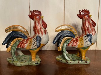 Mid-century Styled Hand Painted Rooster Figurines - 2 Pieces