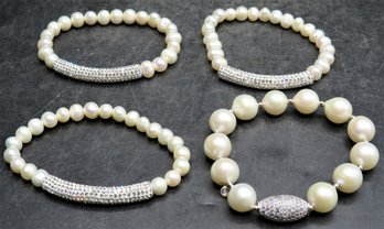 Cultured Pearl Stretch Bracelets With Clear Stones - Lot Of 4