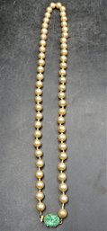 Marella Cream Faux Pearls With Green Stone Knotted Strand Necklace