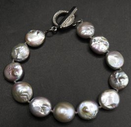 Flat Round Gray Freshwater Pearl Bracelet With Sterling Silver 925 Toggle Clasp