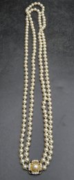 Faux Pearl,  Sterling Silver 925 Clasp Necklace With Clear Stones