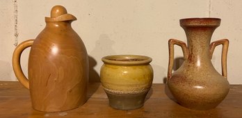 Manzoni Pietro Italian Sycamore Wood Pitcher Carafe Insulated, Stoneware Crock Pot, Double Handled Vase - 3 Pi