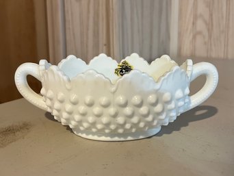 Fenton Milk Glass Hobnail Double Handled Candy Dish