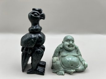 Soapstone Bird Sculpture And Jade Hand Carved Laughing Budda