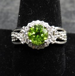 Sterling Silver 925 Ring With Round Green Stone & Clear Stones - Size 11.5 - New