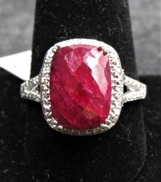 Sterling Silver 925 Ruby Ring (simulant), Rhodium Plated - Size 11.75 - New