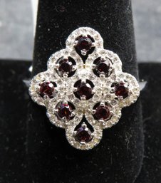 Sterling Silver 925 Ring, Red Garnet, White Zirconia - Size 11 - New