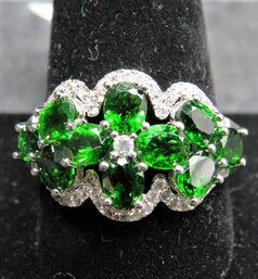 Sterling Silver 925 Ring Oval Chrome Diopside, White Zirconia - Size 12 -new