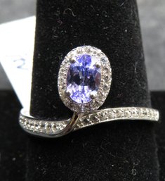 Sterling Silver 925 Ring, Oval Tanzanite & White Zirconia - Size 10.75 - New