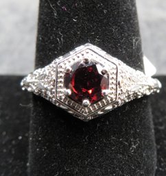 Sterling Silver 925 Ring, Round Red Stone - Size 10.5 - New