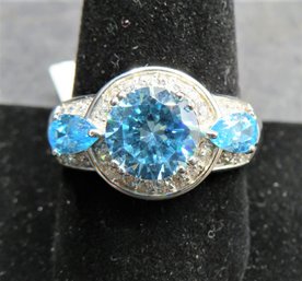 Sterling Silver 925 Ring, Blue & Clear Stones - Size 10.5 - New