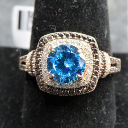 Sterling Silver 925 Ring/rose Gold Tone, Blue, Brown & White Stones- Size 10.75 - New