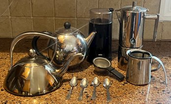 Stainless Steel Teapots, Spoons, Braun Coffee Grinder, Espresso Maker & Stainer - 10 Piece Lot