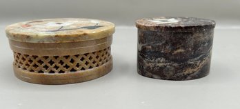 Inlaid Mother Of Pearl Soapstone Lidded Trinket Boxes , 2 Piece Lot