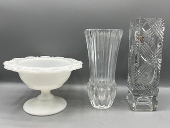 Avon Crystal/glass Vases & Anchor Hocking Milk Glass Pedestal Dish - 3 Pieces