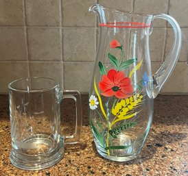 Hand Painted Pitcher & Etched Beer Mug- 2 Piece Lot