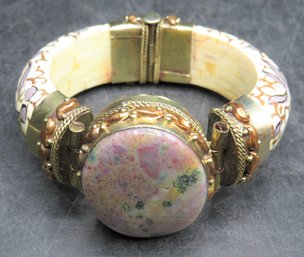 Copper/brass Bangle Bracelet, Oval Stone, Hand Painted