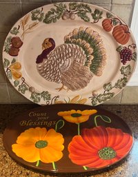 Cracker Barrel Thanksgiving Turkey Serving Platter & Count Your Blessings Serving Platter - 2 Piece Lot