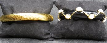 Gold-tone Cuff Bracelet & Black Enamel White Beaded Bangle Bracelet - Lot Of 2