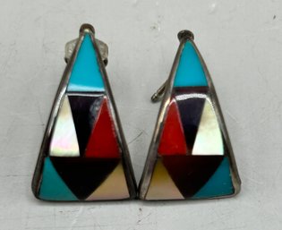 Sterling Silver Zuni Inlay Multi Stone Earrings, 0.11ozt.