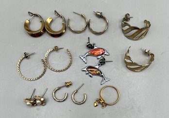 Costume Earrings, Assorted Lot, 7 Pairs And 1 Single Earring