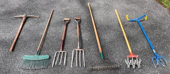 Pick Axe, Lawn Rakes, Garden Pitchforks, Garden Weasel & Claw - 7 Piece Lot