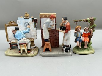 Gorham Inspired By Norman Rockwell Ceramic Figurines, Triple Self Portrait, Year End Count & Summer Fun'