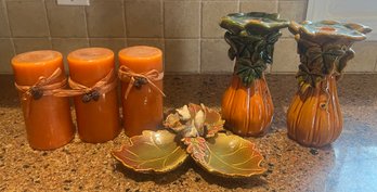 Autumn Candle Holders, Candles & Dish - 6 Piece Lot