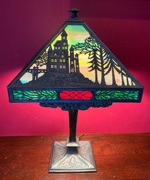 Tiffany Styled Stained Glass House On Hill Table Lamp