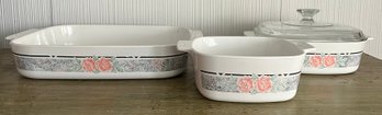 Corning-ware Silk & Roses Casserole Dishes - 3 Pieces