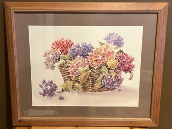 Caren Heine Basket Of Hydrangeas Watercolor Print Framed