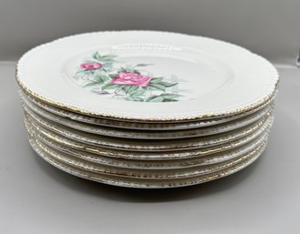 Homer Laughlin Rose Gold Rimmed Dinner Plates #B52N8, 8 Piece Lot