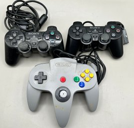 2 Sony Playstation Analog Controllers And Nintendo 64 Game Controller, 3 Piece Lot