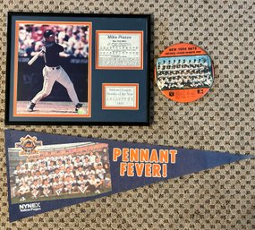 Mike Piazza 1993 National Rookie Of The Year Plaque, NY Mets Felt Pennant And NY Mets Sports Pin - 3 Pcs