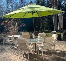 Aluminum Glass Top Patio Table With Umbrella & 6 Chairs - 8 Piece Lot