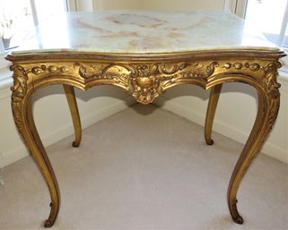 Gold-tone Wood With Marble Top Accent Table