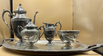 Wm. Rogers & Son Antique US Silver-Plated Spring Flowers Tea Set Lot Of 5