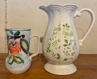 Italian Hand Painted Pitcher & USA Hand Painted Pitcher - 2 Pieces
