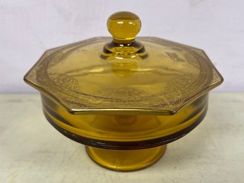 Amber Footed Glass Candy Dish With Lid